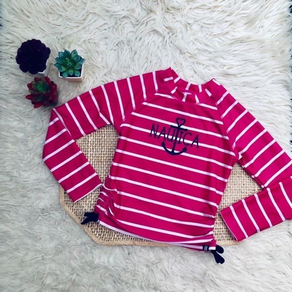 Nautica Striped Rashguard Top Medium Pink - Picture 1 of 5